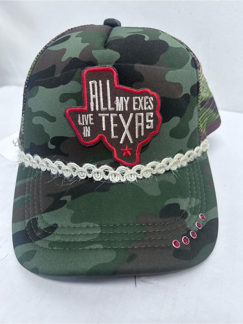 Red Dress Boutique Green Camo 'All My Exes Live in Texas' Lace Patch Trucker Hat